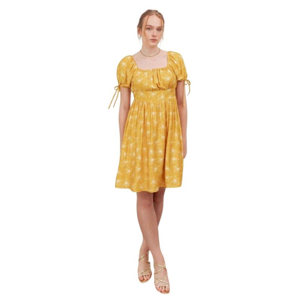 Lovedrobe Womens/Ladies Floral Square Neck Tie Sleeves Mini Dress / Yellow